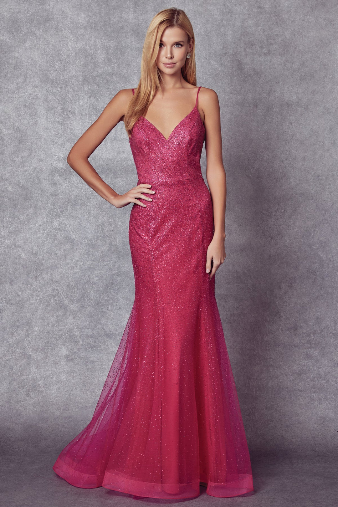 Fitted Glitter Mesh V-Neck Gown by Juliet 271