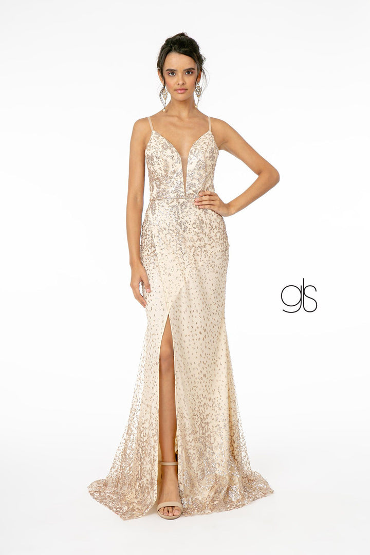 Fitted V-Neck Glitter Gown by Elizabeth K GL1844