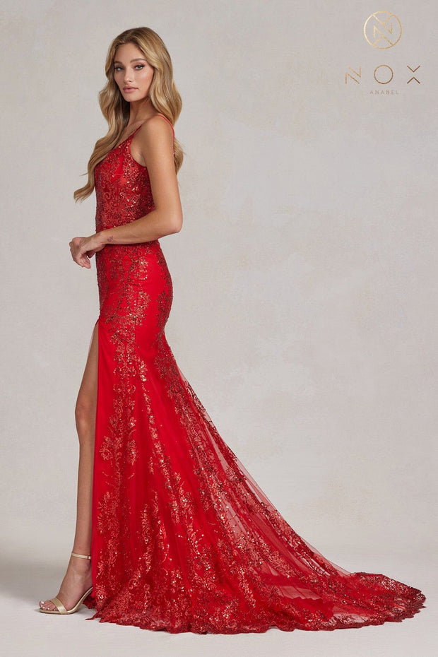 Fitted Glitter Print Corset Slit Gown by Nox Anabel C1197 ABC