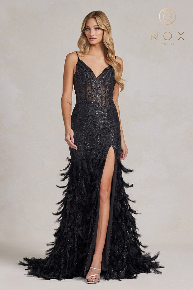 Fitted Glitter Print Feather Gown by Nox Anabel C1119