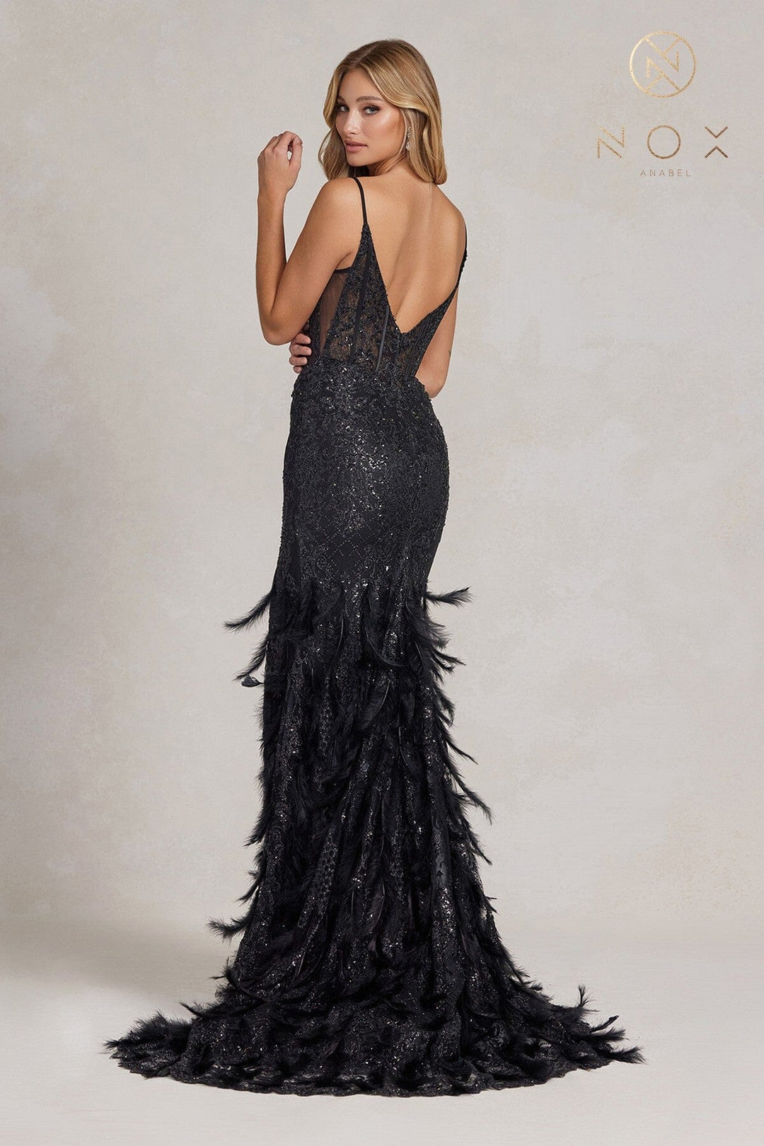 Fitted Glitter Print Feather Gown by Nox Anabel C1119
