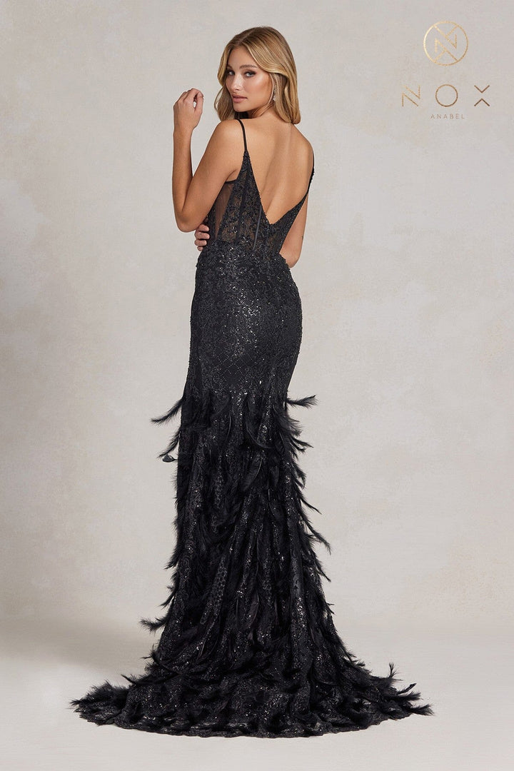 Fitted Glitter Print Feather Gown by Nox Anabel C1119