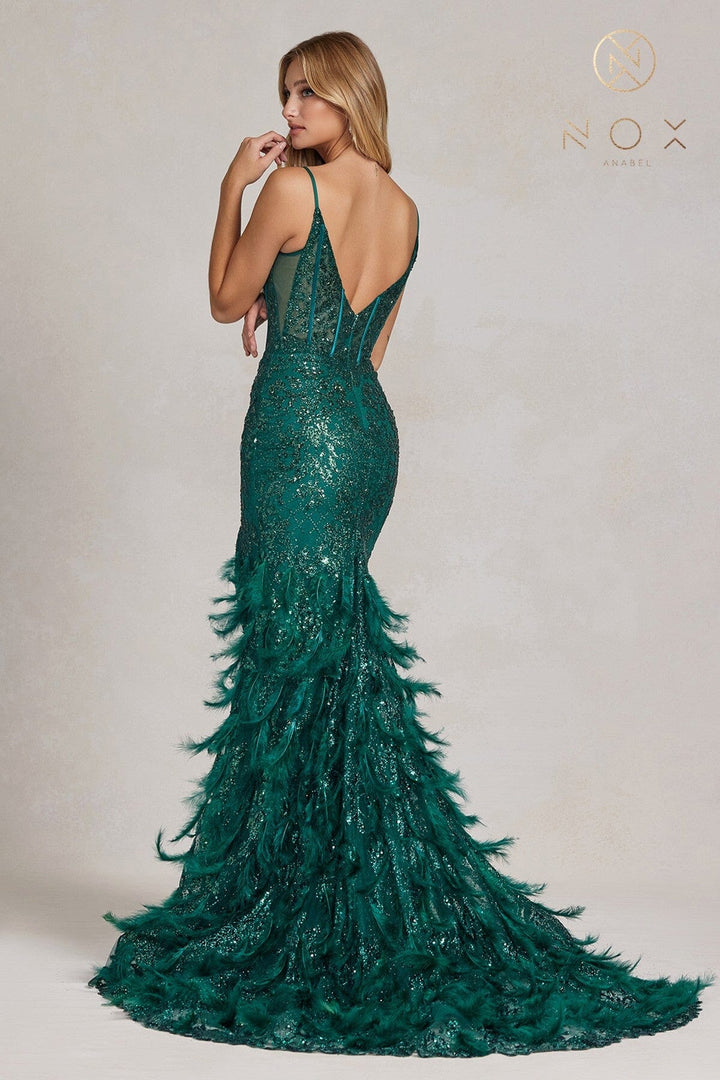 Fitted Glitter Print Feather Gown by Nox Anabel C1119