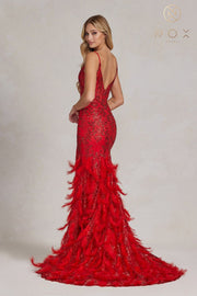 Fitted Glitter Print Feather Gown by Nox Anabel C1119