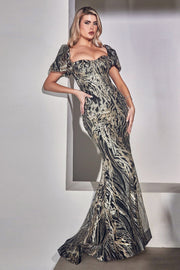 Fitted Glitter Print Puff Sleeve Gown by Ladivine J833