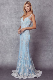 Fitted Glitter Print V-Neck Gown by Juliet 277