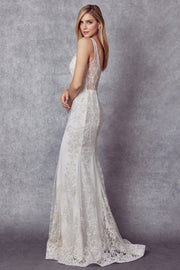 Fitted Glitter Print White Gown by Juliet 277W