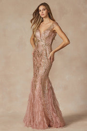Fitted Glitter Short Sleeve Feather Gown by Juliet 286