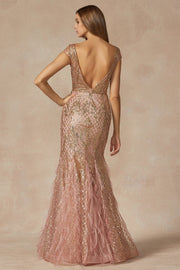 Fitted Glitter Short Sleeve Feather Gown by Juliet 286