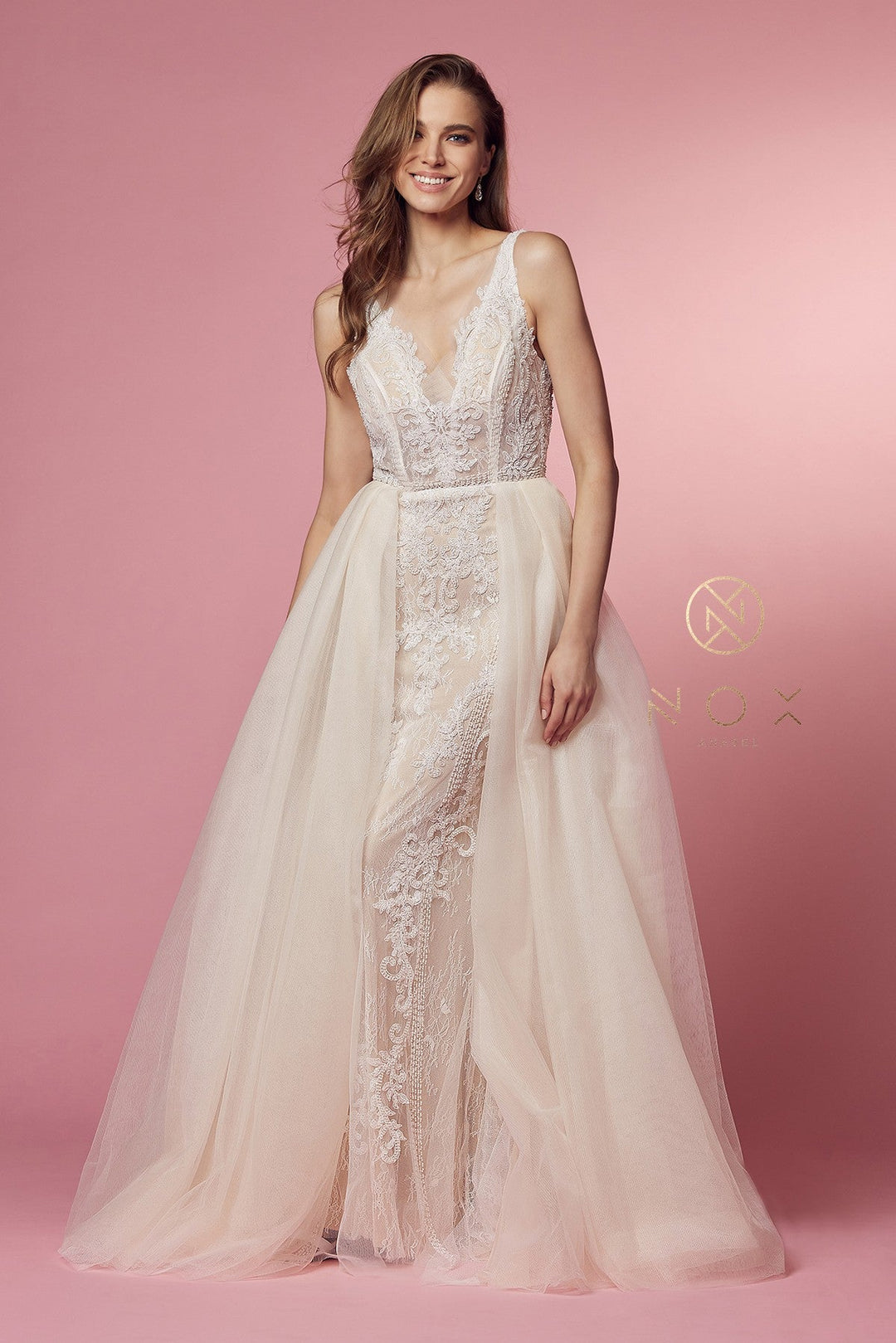 Fitted Lace A-line Tulle Gown by Nox Anabel E474