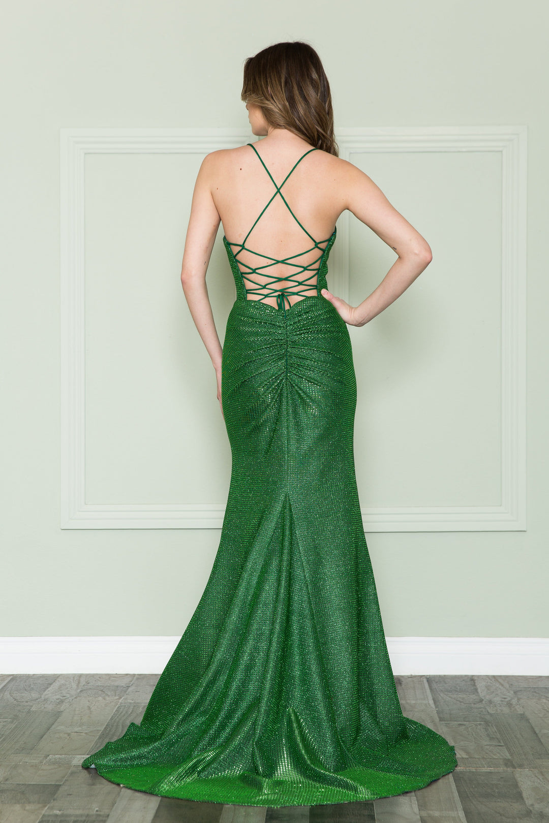 Fitted Lace-Up Back Glitter Gown by Poly USA 8878