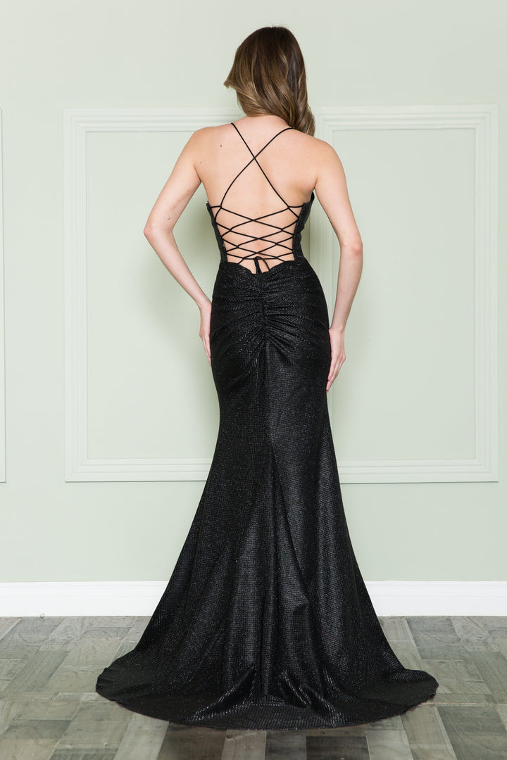 Fitted Lace-Up Back Glitter Gown by Poly USA 8878