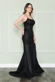 Fitted Lace-Up Back Glitter Gown by Poly USA 8878