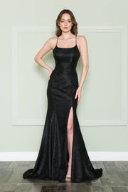 Fitted Lace-Up Back Glitter Gown by Poly USA 8878
