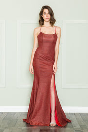 Fitted Lace-Up Back Glitter Gown by Poly USA 8878