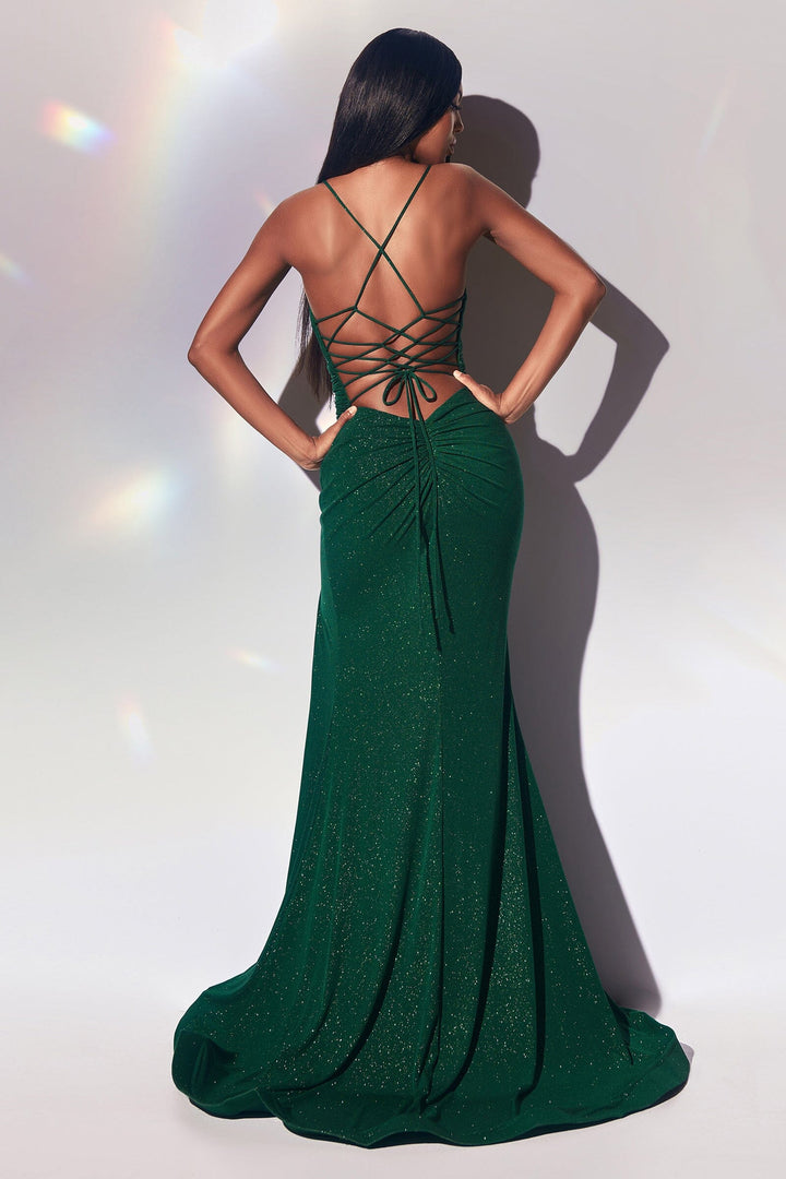 Fitted Lace-Up Glitter Gown by Ladivine CC2162