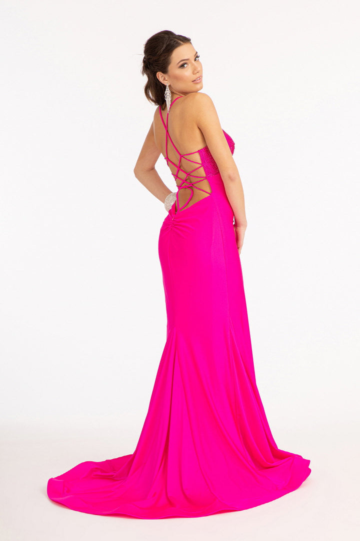 Fitted Lace-Up Jersey Gown by Elizabeth K GL3035