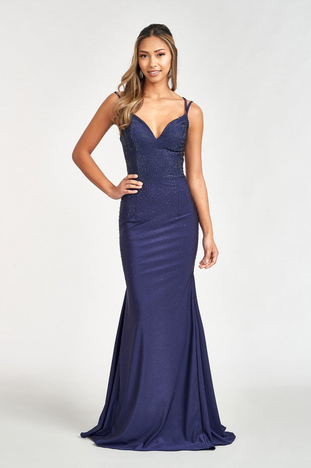 Fitted Lace-Up Rhinestone Gown by Elizabeth K GL3036