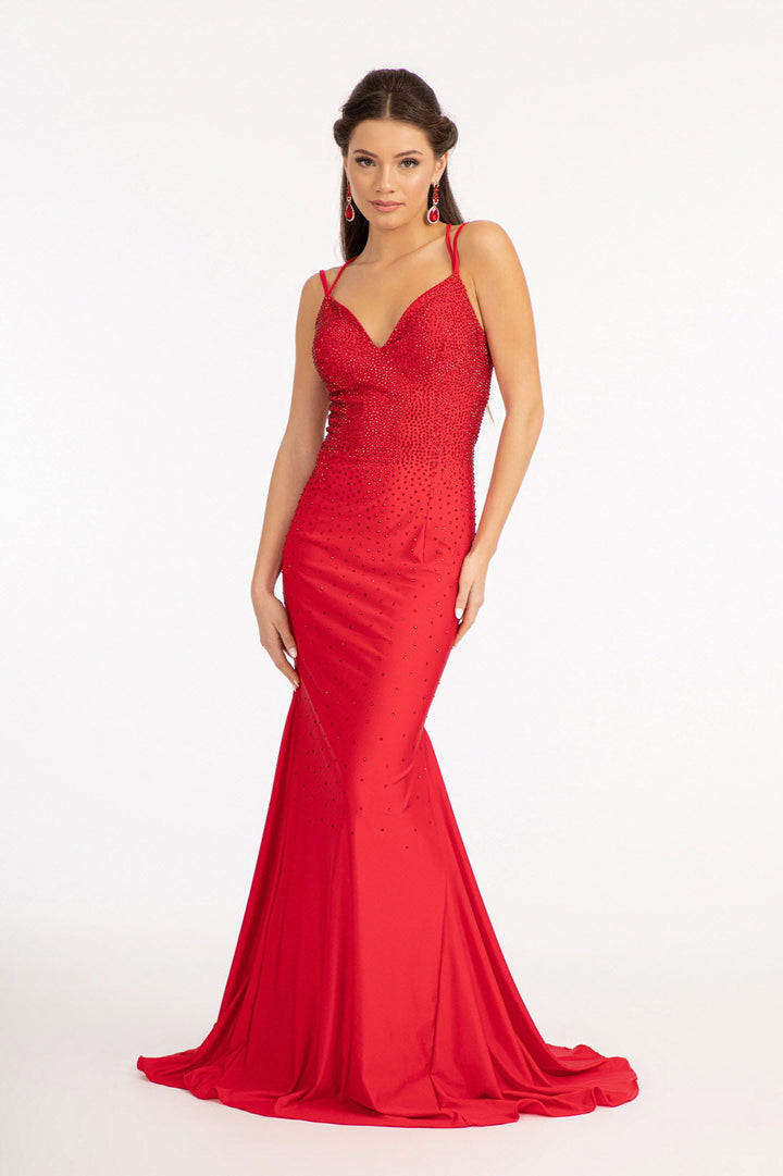 Fitted Lace-Up Rhinestone Gown by Elizabeth K GL3036