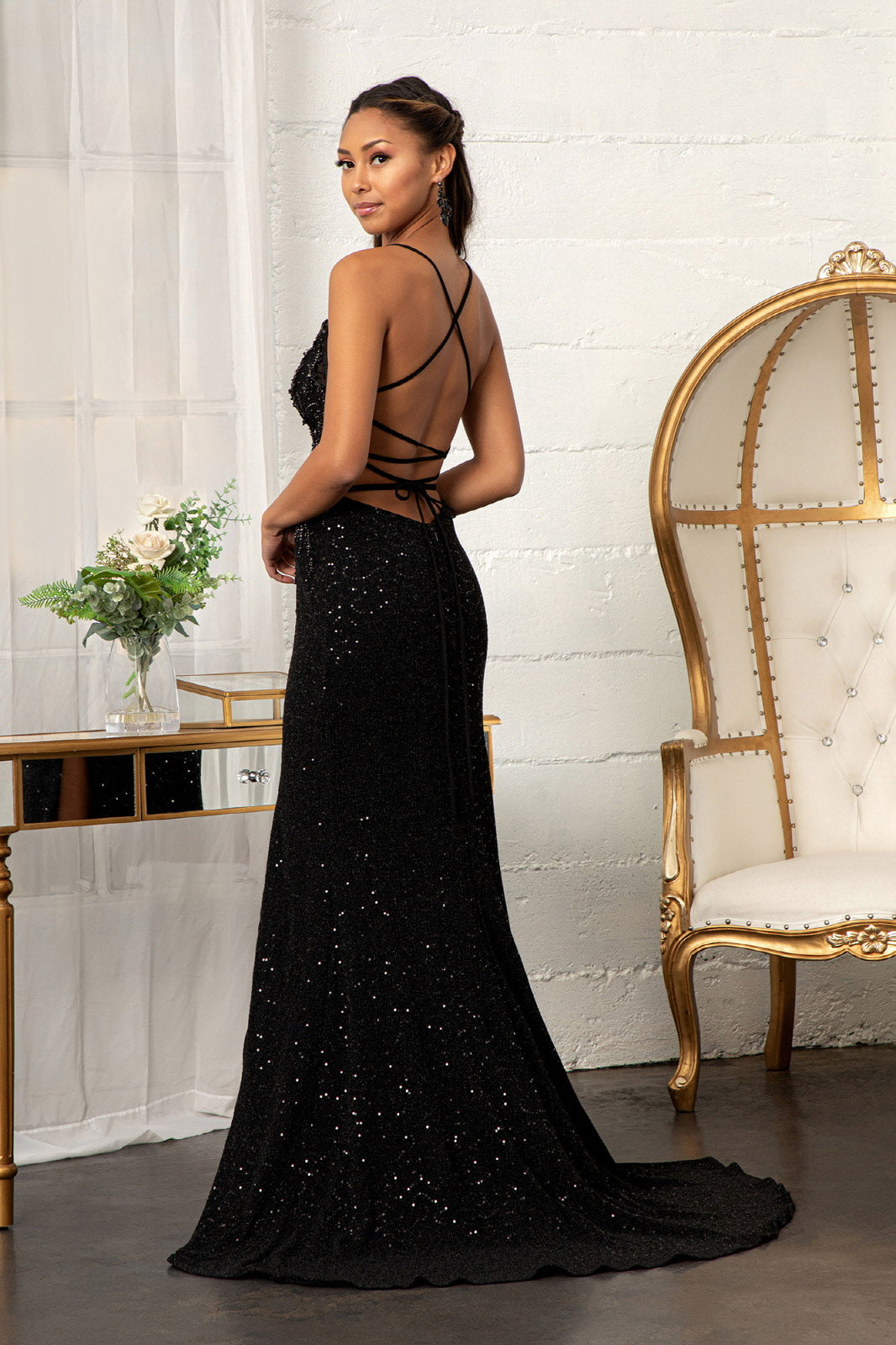 Fitted Lace-Up Sequin Gown by Elizabeth K GL3006