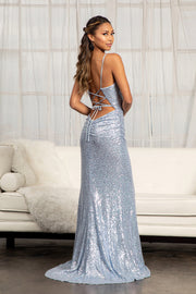 Fitted Lace-Up Sequin Slit Gown by Elizabeth K GL3049