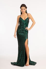 Fitted Lace-Up Sequin Slit Gown by Elizabeth K GL3049