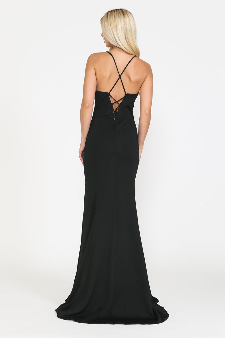 Fitted Long Deep V-Neck Dress with Slit by Poly USA 8360