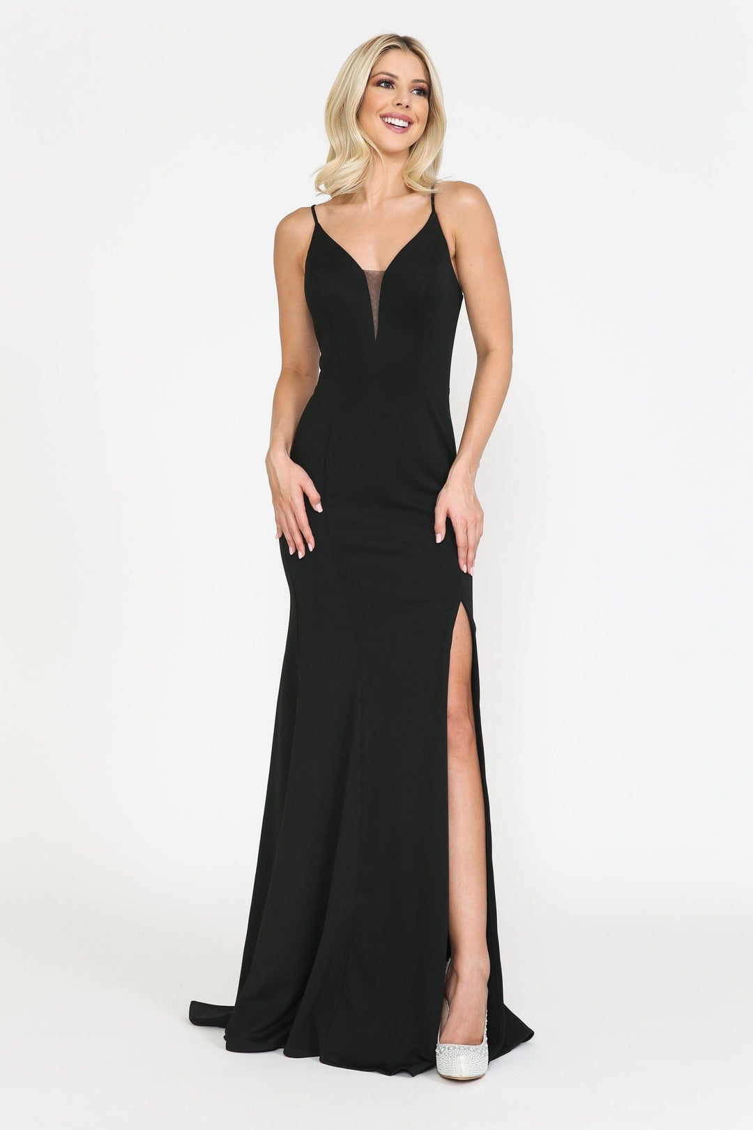 Fitted Long Deep V-Neck Dress with Slit by Poly USA 8360