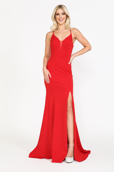 Fitted Long Deep V-Neck Dress with Slit by Poly USA 8360