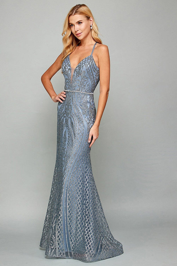 Fitted Long Glitter Print Sleeveless Dress by Adora 3037