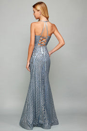 Fitted Long Glitter Print Sleeveless Dress by Adora 3037