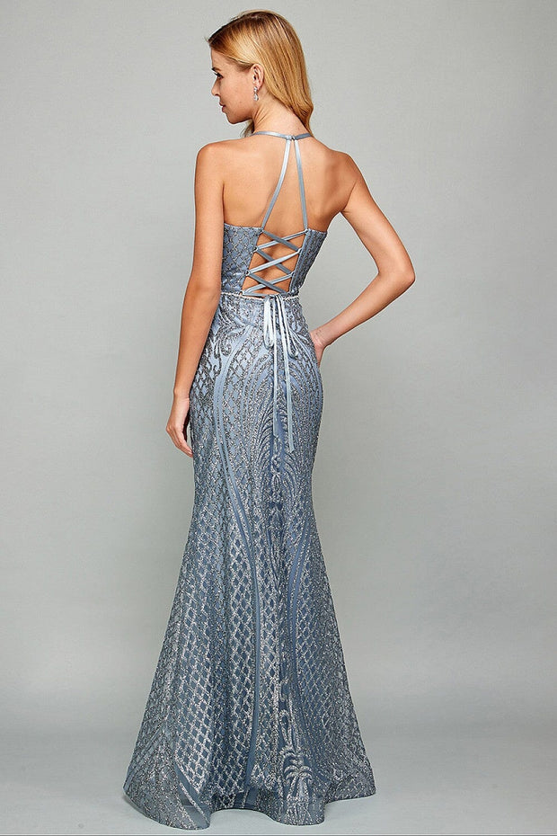 Fitted Long Glitter Print Sleeveless Dress by Adora 3037
