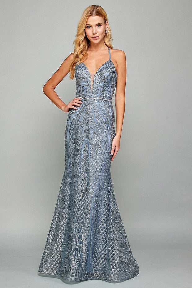 Fitted Long Glitter Print Sleeveless Dress by Adora 3037