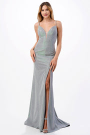 Fitted Long Iridescent Sleeveless Slit Dress by Coya D571