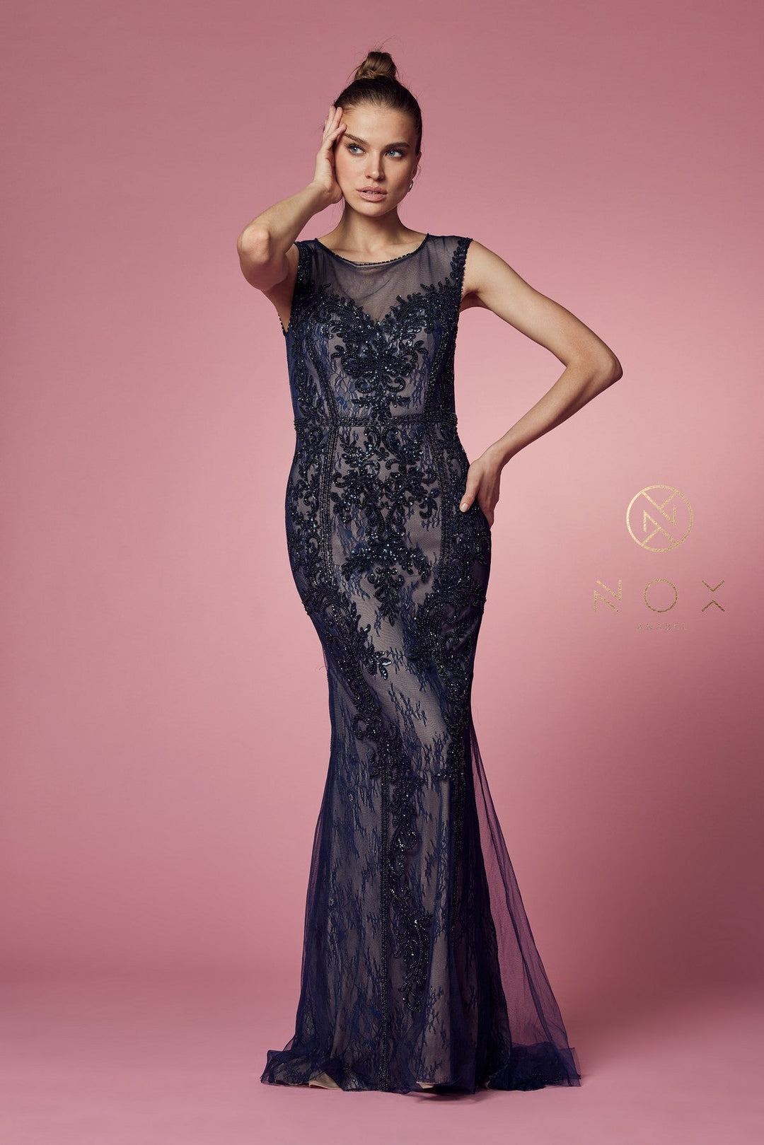 Fitted Long Applique Sleeveless Dress by Nox Anabel E1006