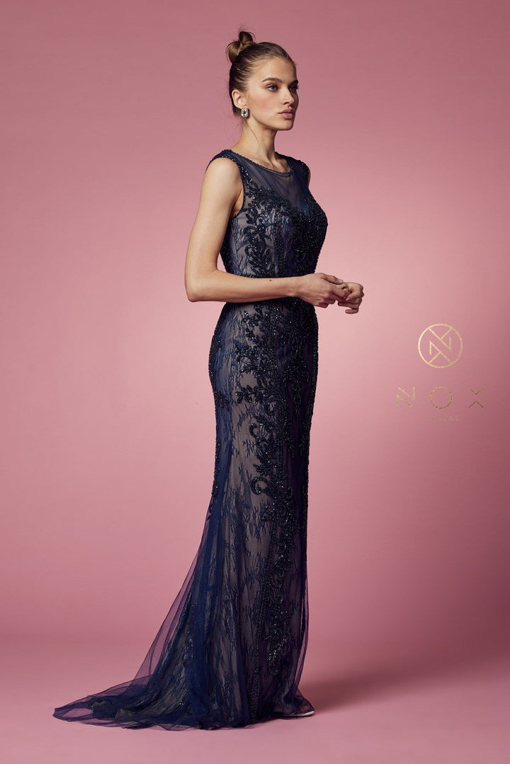 Fitted Long Applique Sleeveless Dress by Nox Anabel E1006