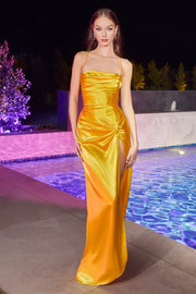 Fitted Long Lace-Up Back Satin Slit Dress Ladivine BD111