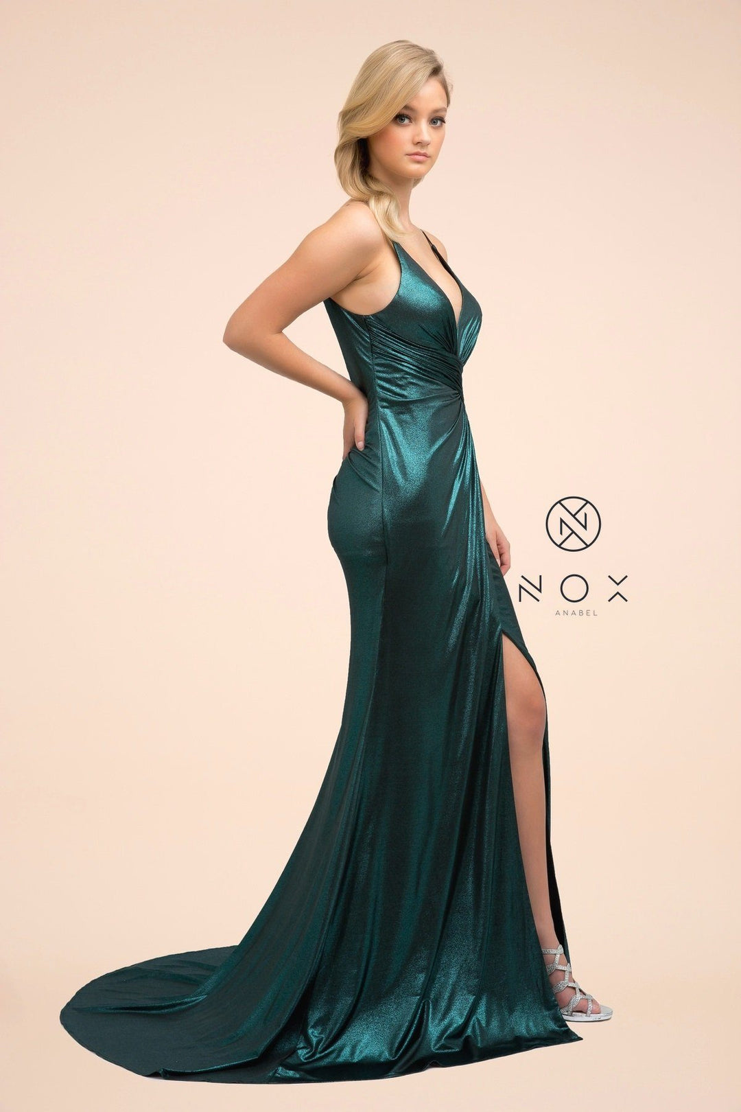 Fitted Long Metallic Spandex V-Neck Dress by Nox Anabel E365