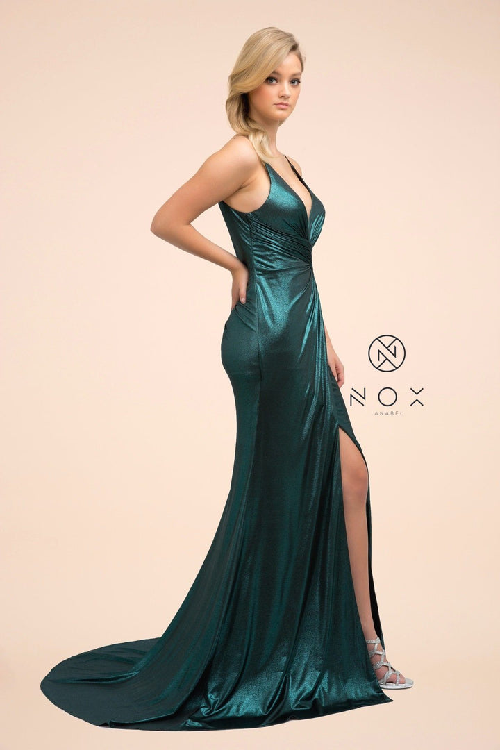 Fitted Long Metallic Spandex V-Neck Dress by Nox Anabel E365