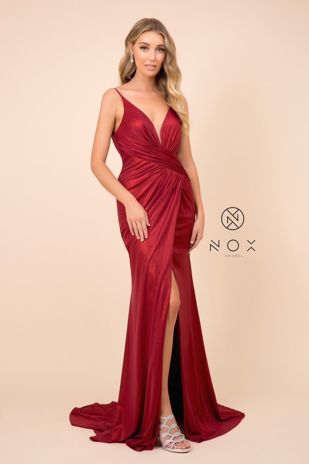 Fitted Long Metallic Spandex V-Neck Dress by Nox Anabel E365