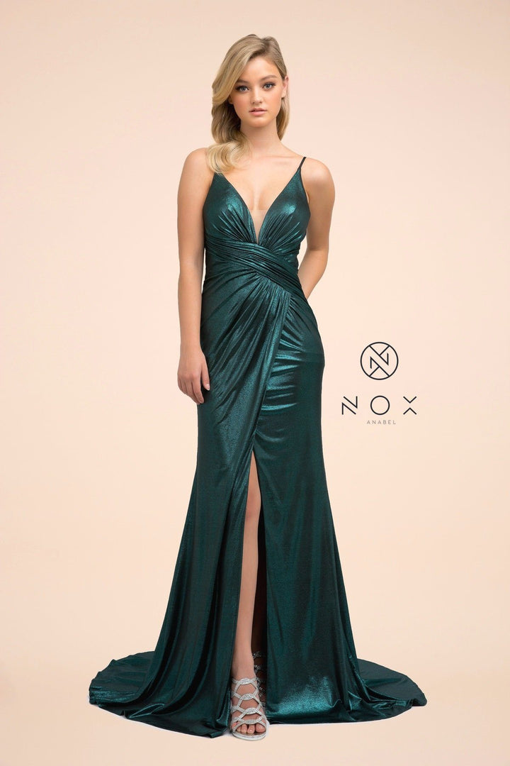 Fitted Long Metallic Spandex V-Neck Dress by Nox Anabel E365
