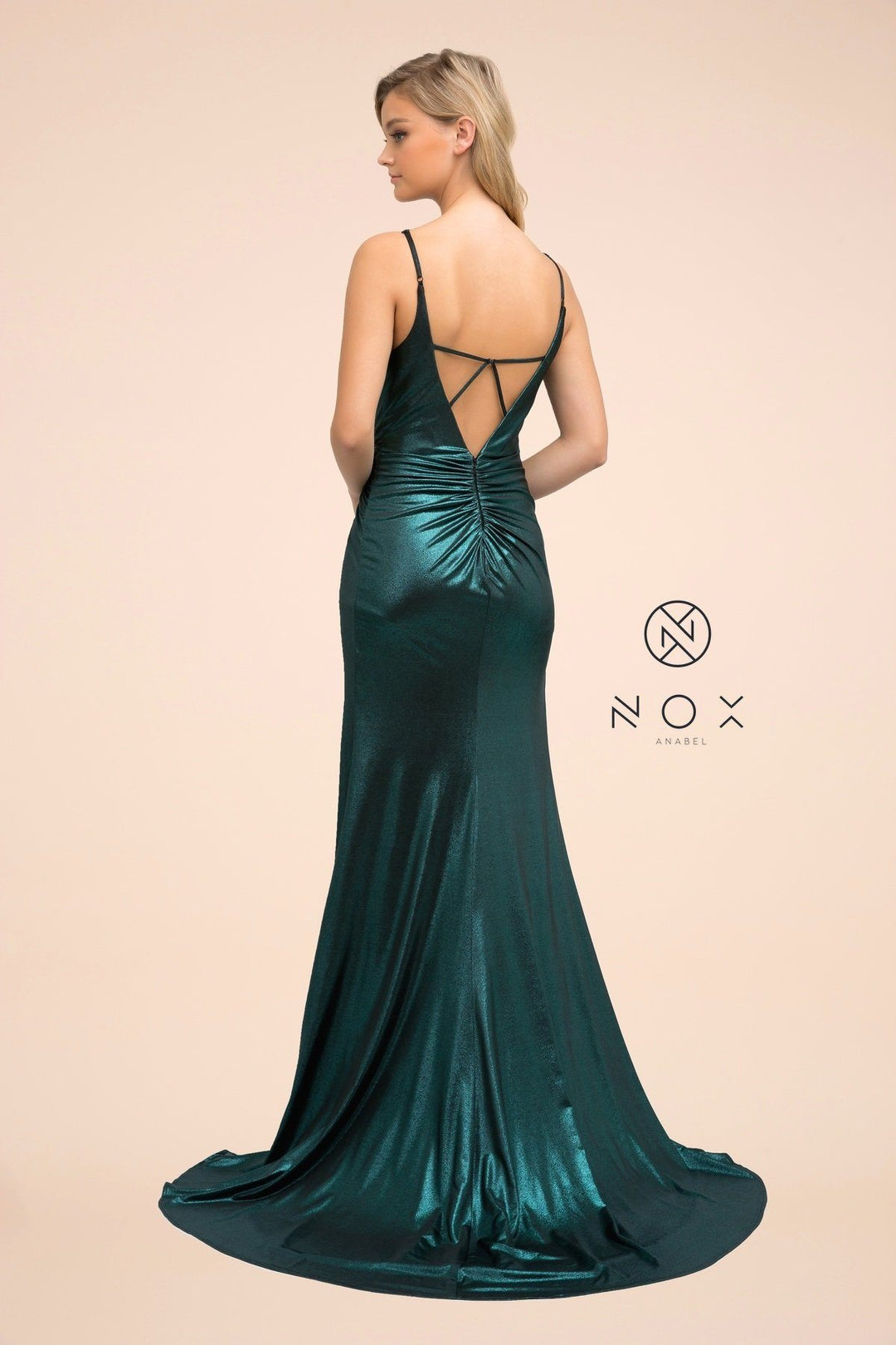 Fitted Long Metallic Spandex V-Neck Dress by Nox Anabel E365