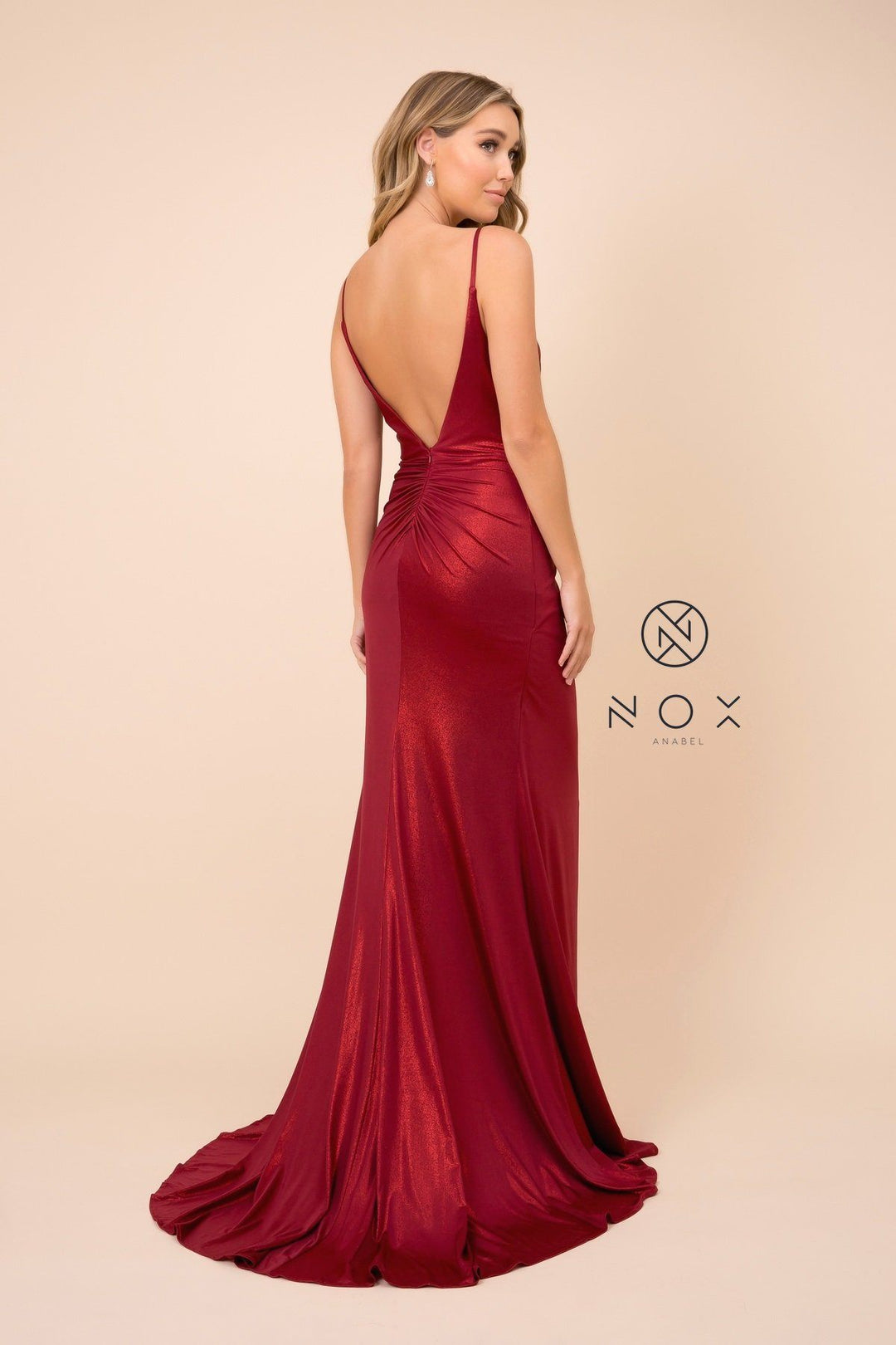 Fitted Long Metallic Spandex V-Neck Dress by Nox Anabel E365