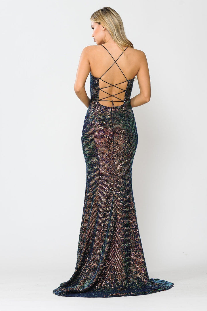 Fitted Long Multi Color Sequin V-Neck Dress by Poly USA 8650