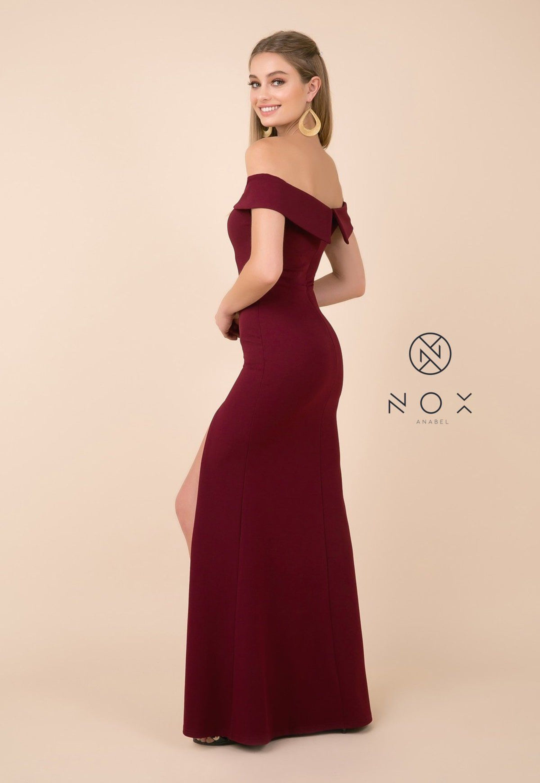 Fitted Long Off Shoulder Dress with High Slit by Nox Anabel K401-Long Formal Dresses-ABC Fashion