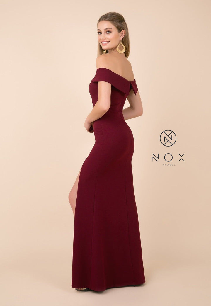 Fitted Long Off Shoulder Dress with High Slit by Nox Anabel K401-Long Formal Dresses-ABC Fashion