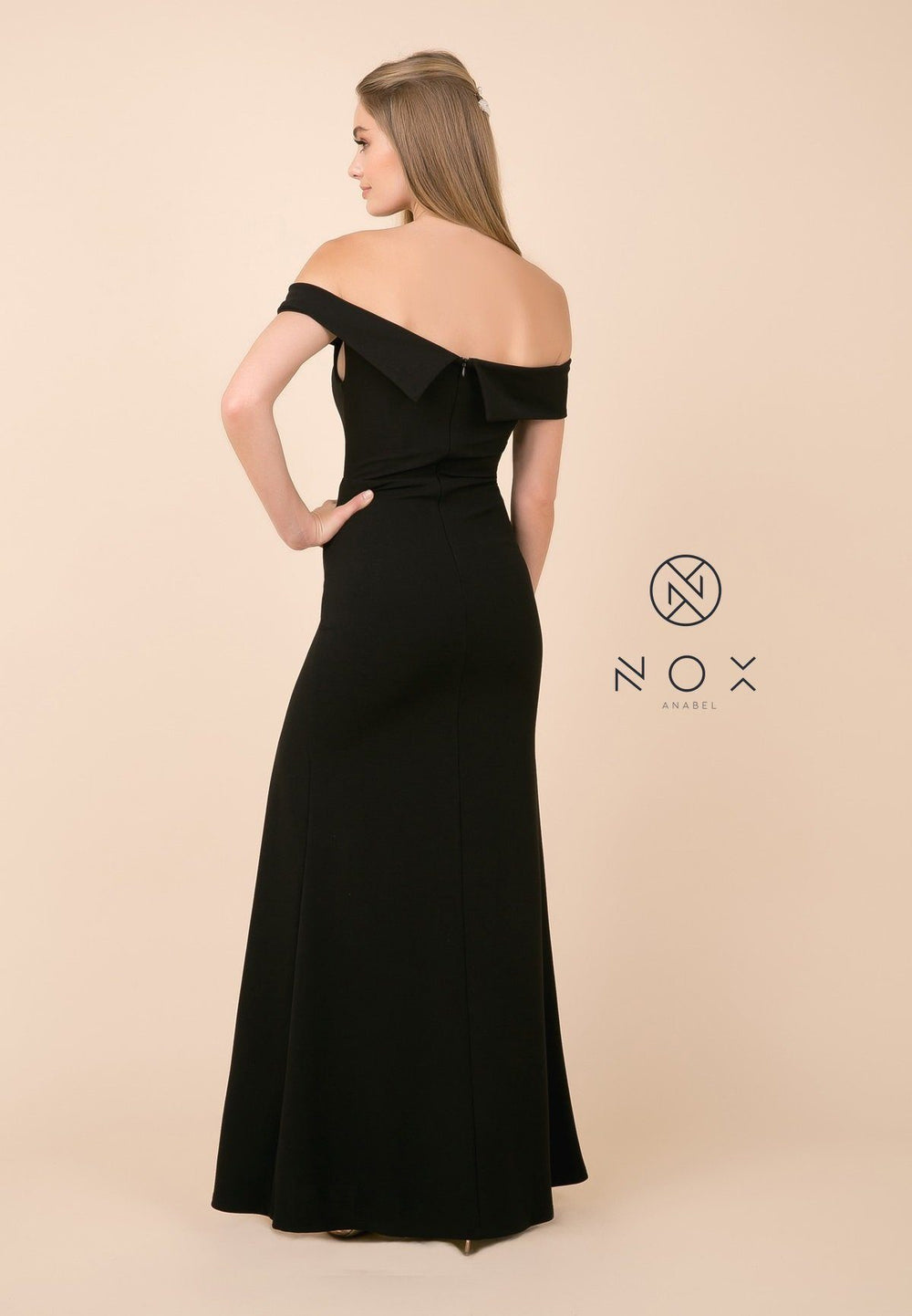 Fitted Long Off Shoulder Dress with High Slit by Nox Anabel K401-Long Formal Dresses-ABC Fashion