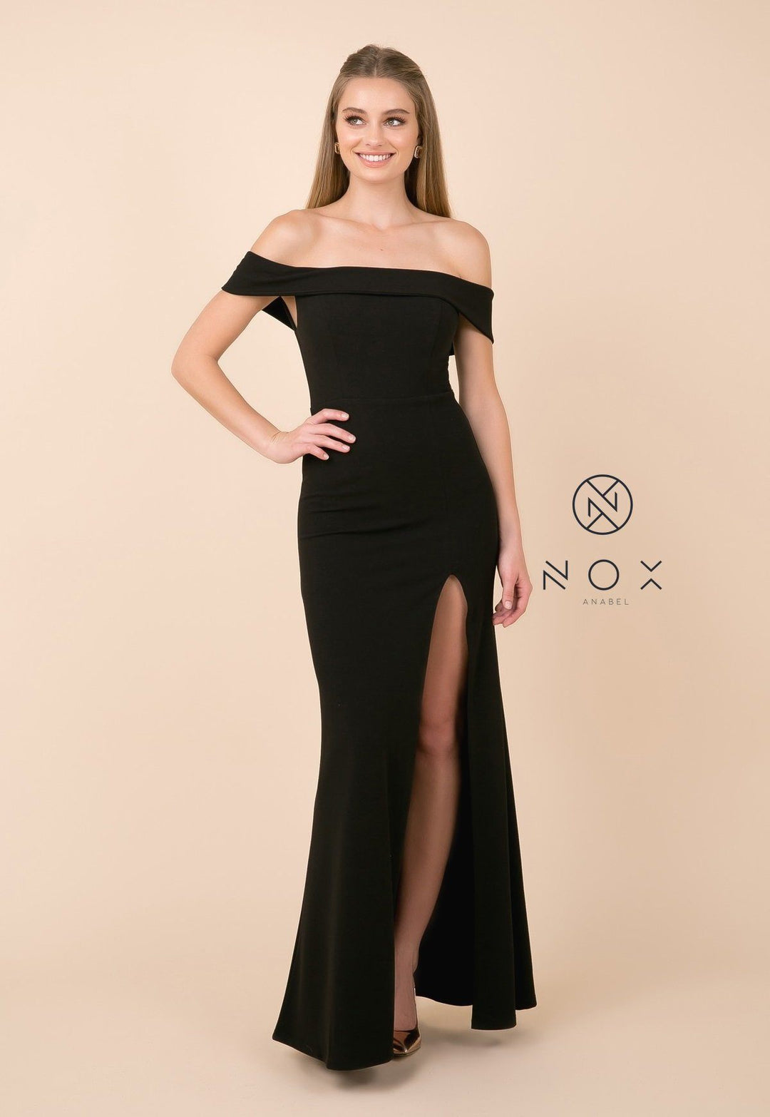 Fitted Long Off Shoulder Dress with High Slit by Nox Anabel K401-Long Formal Dresses-ABC Fashion