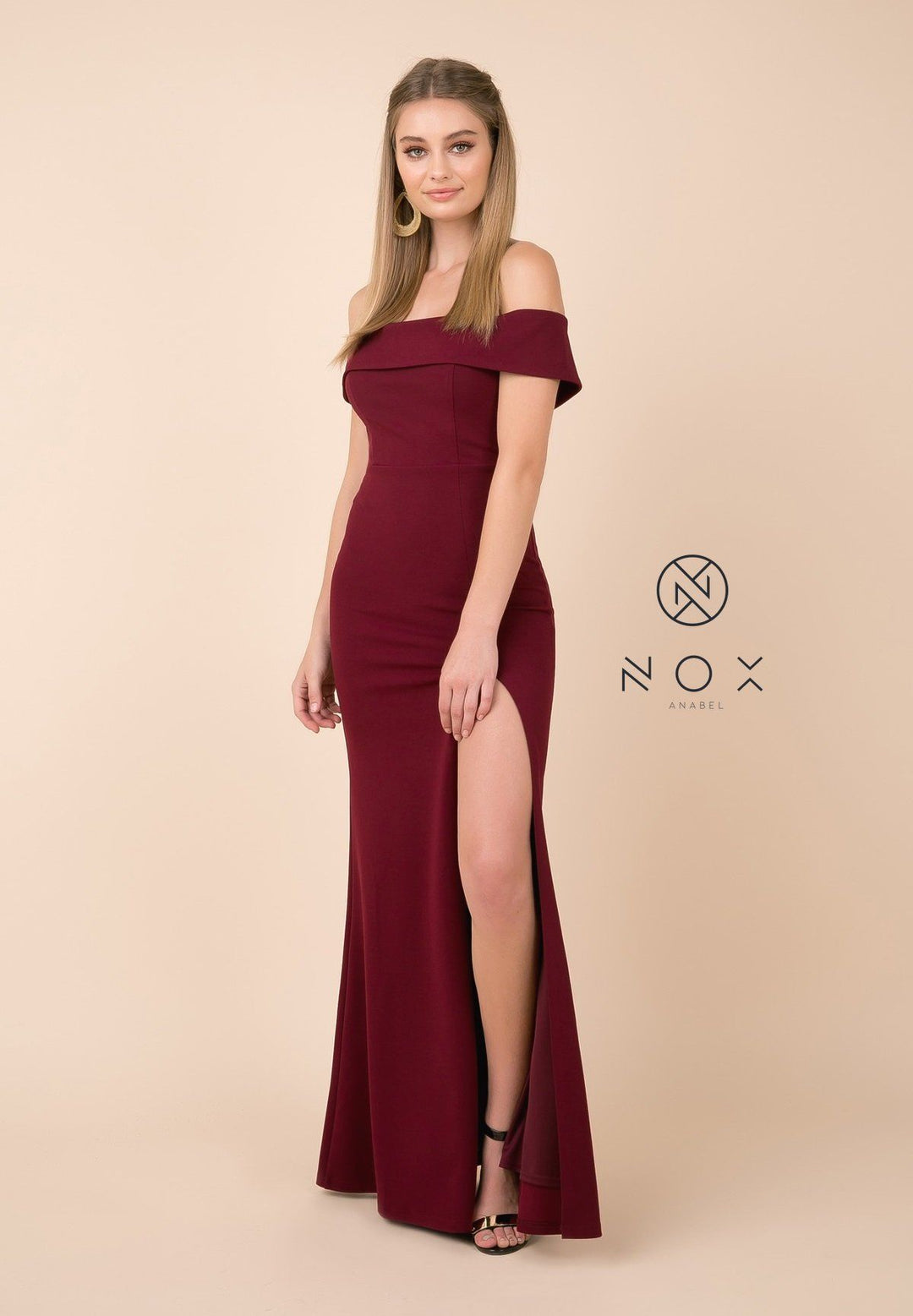 Fitted Long Off Shoulder Dress with High Slit by Nox Anabel K401-Long Formal Dresses-ABC Fashion
