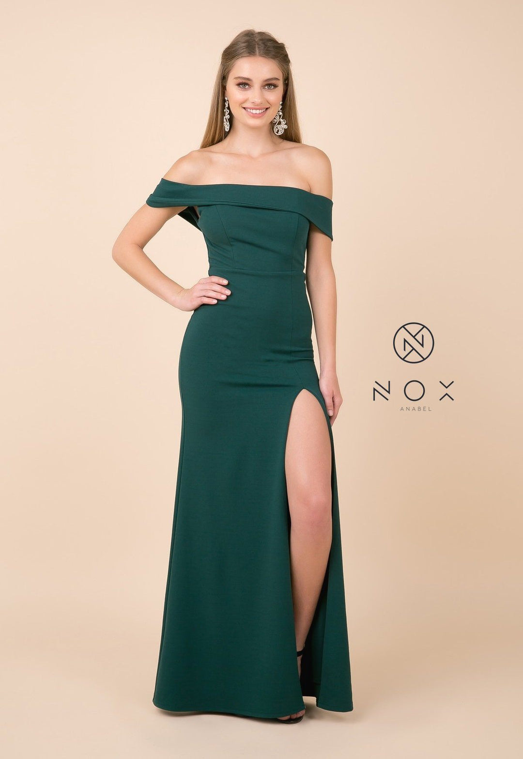 Fitted Long Off Shoulder Dress with High Slit by Nox Anabel K401-Long Formal Dresses-ABC Fashion